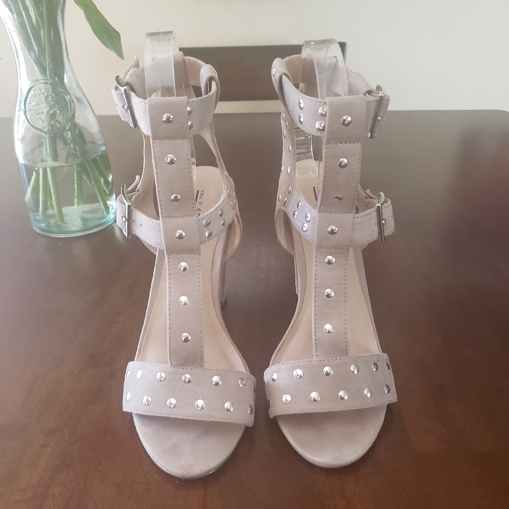 Silver-studded tan sandal heels